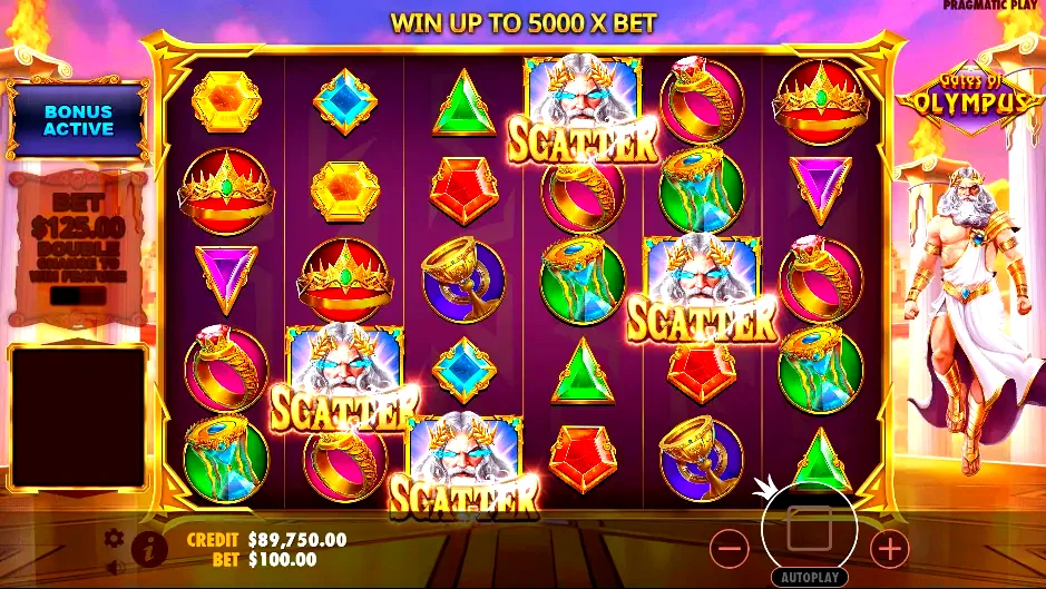 Gates of Olympus bonus round — Zeus scatter triggering free spins